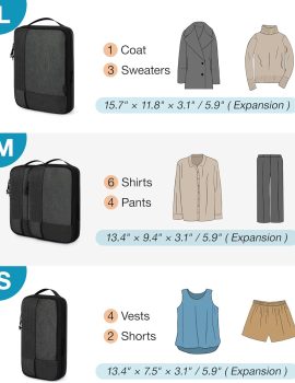 BAGSMART Compression Packing Cubes for Travel, 4 Set Travel Packing Cubes for Carry on Suitcases, Compression Travel Cubes & Suitcase Organizer for Packing with Shoe Bag Grey